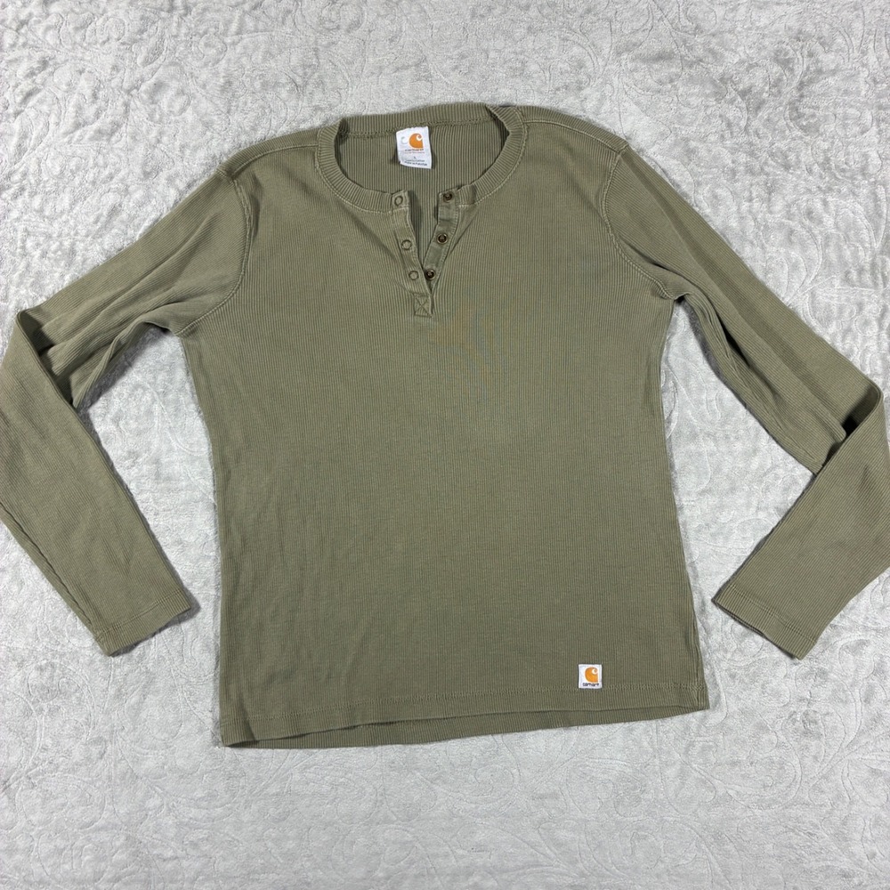 Carhartt Womens Henley Ribbed Long Sleeve Shirt Size L Y2K Green Earthy
